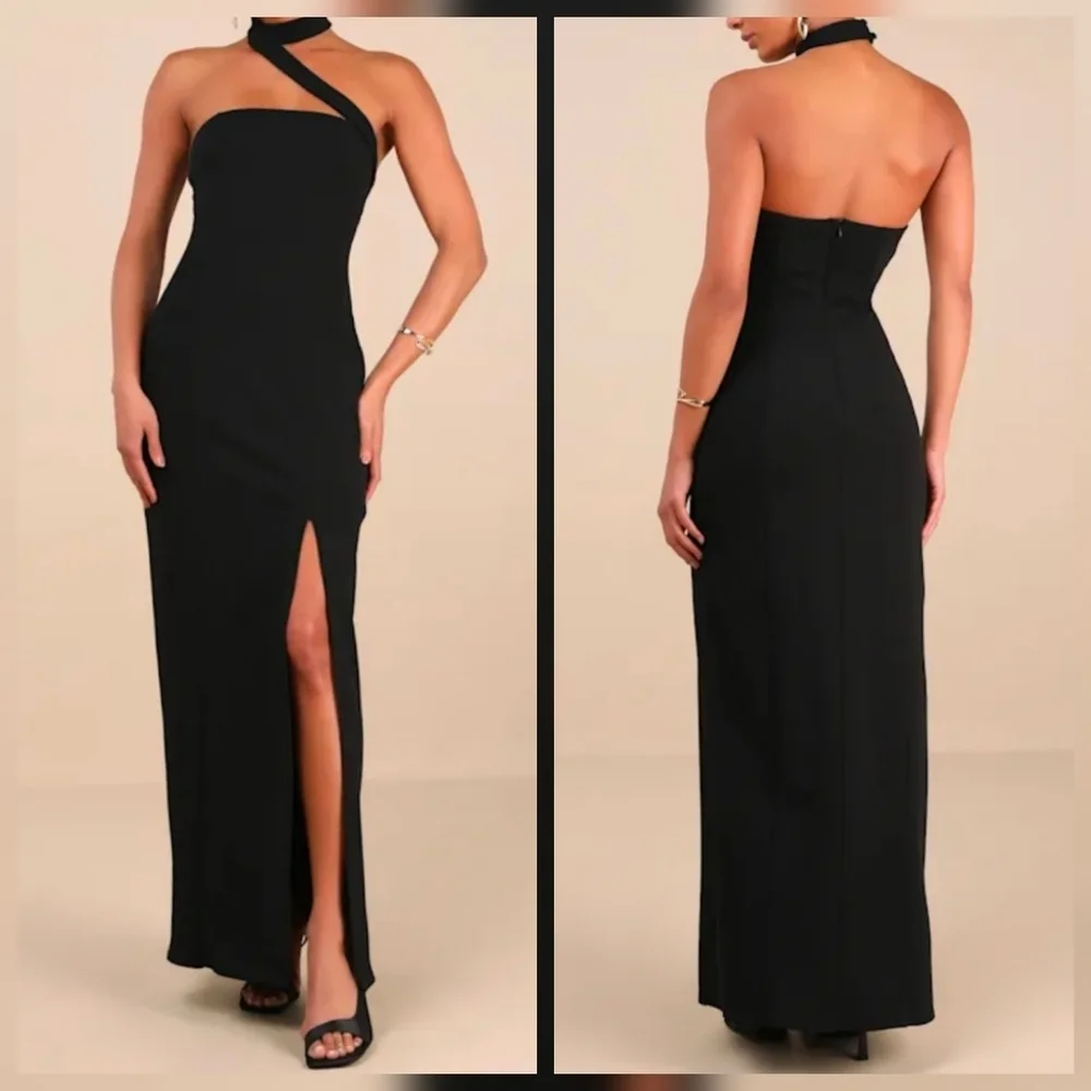 Lulus S Seraphina Black Asymmetrical Column Maxi Dress, Size S